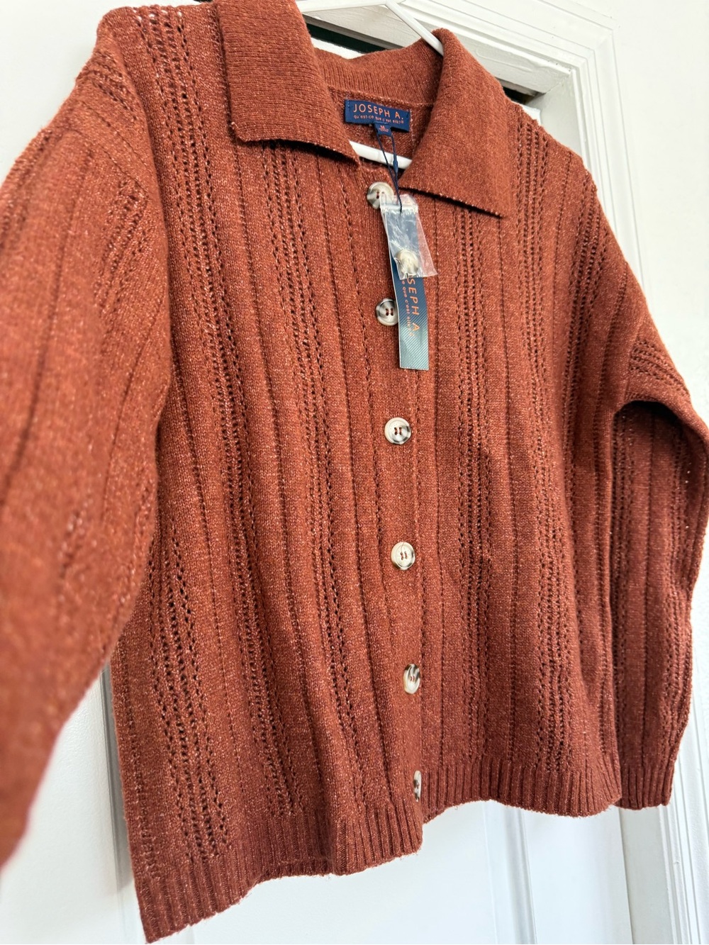 Joseph Rust Openwork Button-Up Collared Knit Cardigan - Picture 2 of 9